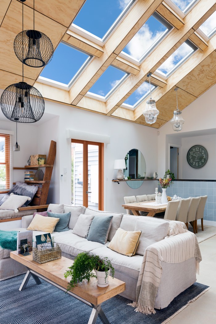 skylights with rustic interior in living room in christchurch